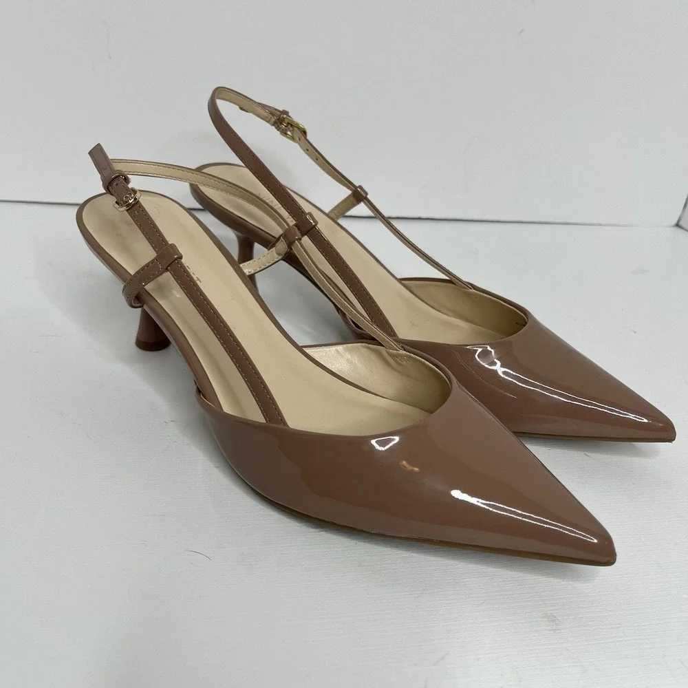 Nine West Patent Slingback‎ Kitten Heels Pointed Toe Buckle Strap 10 M Camel